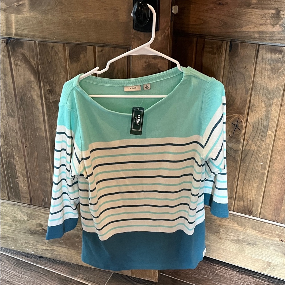 Llbean Aqua and White Striped Top